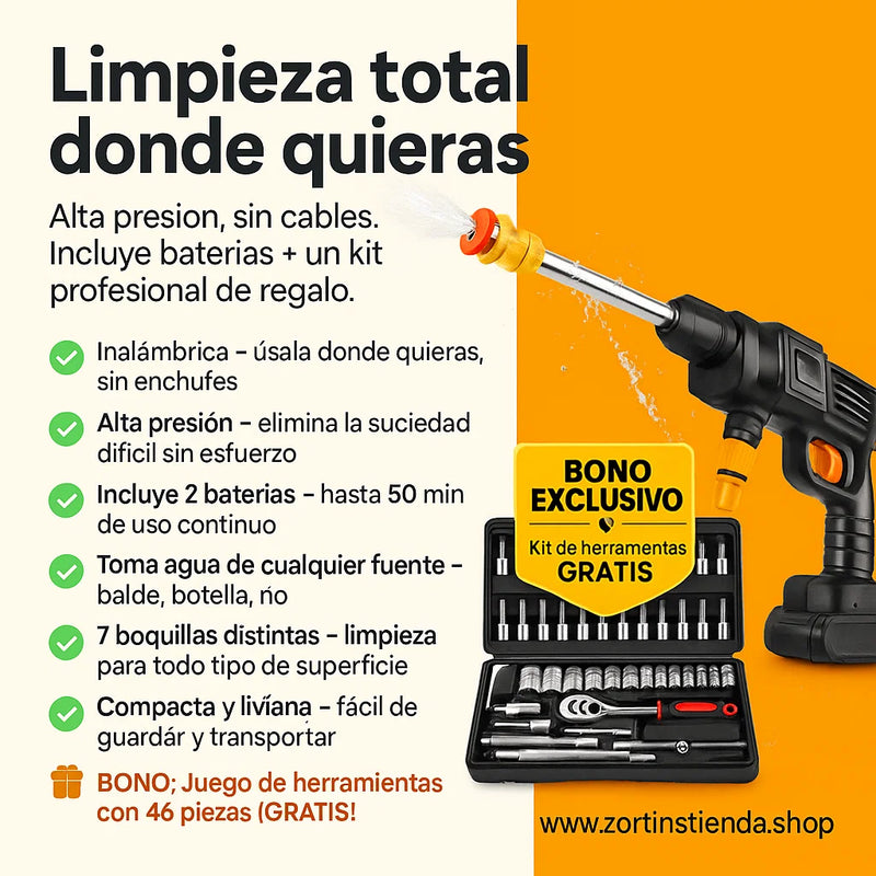 Combo Hidrolavadora Inalámbrica Portátil Recargable 48V de Alta Presión + ¡Juego de herramientas adicional como REGALO para los primeros 50 que aprovechen esta oferta!🎁 ¡Solo por hoy hasta las 11:59 p. m. con envío GRATIS y pago contra entrega!